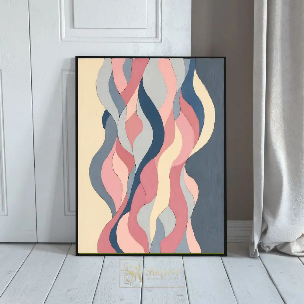 Abstract Flowing Ribbons Wall Art - Muted Pink & Navy Blue Canvas