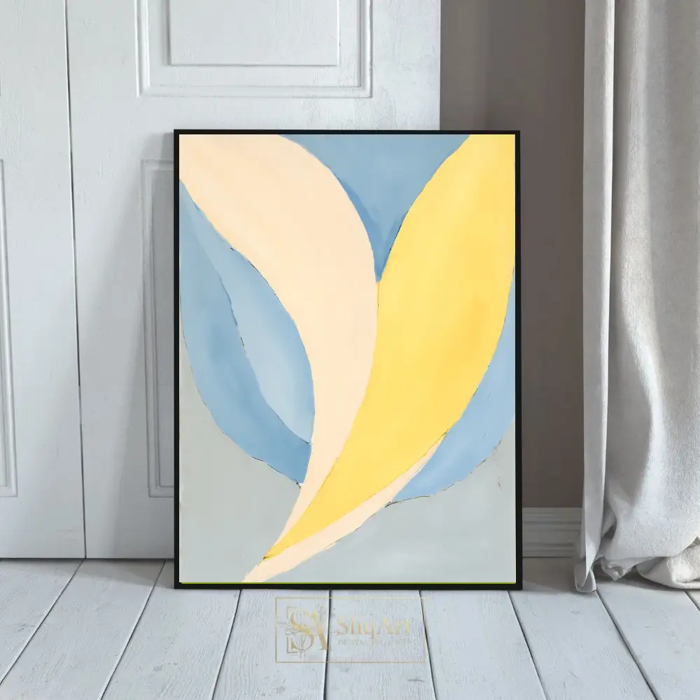Minimalist Abstract Botanical Art - Soft Pastel Blue and Yellow Wall Decor