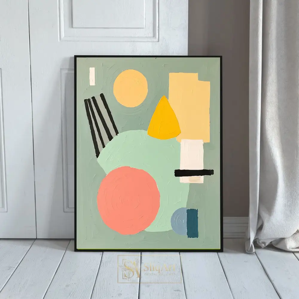 Modern Sage Green & Coral Abstract Geometric Wall Art