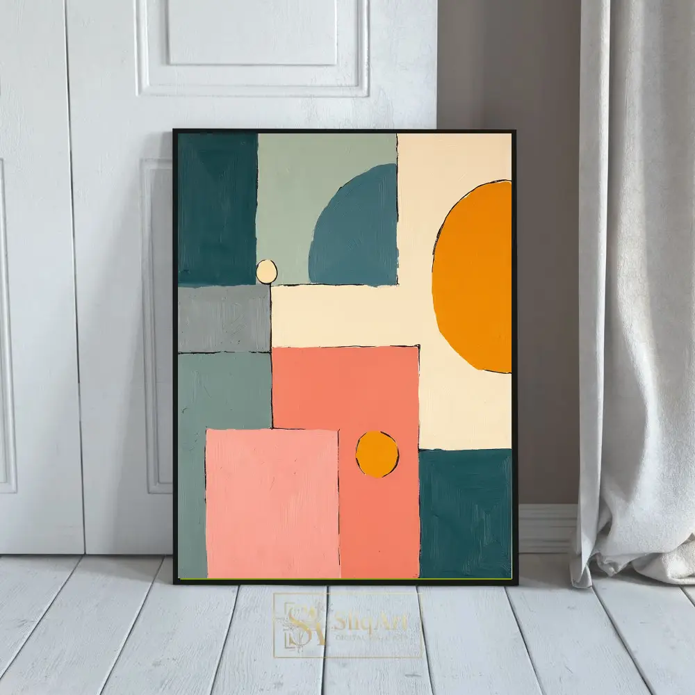 Modern Abstract Geometric Canvas Art - Teal, Coral & Mustard Shapes