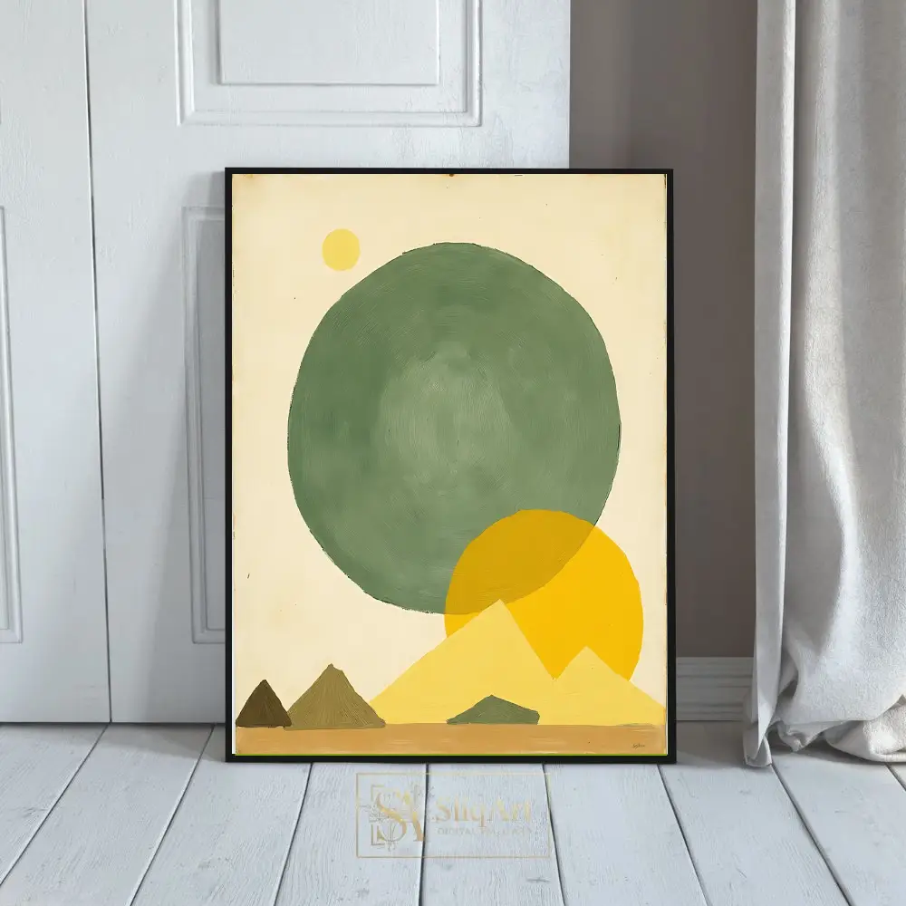 Abstract Geometric Desert Landscape Art - Sage Green & Ochre Wall Decor