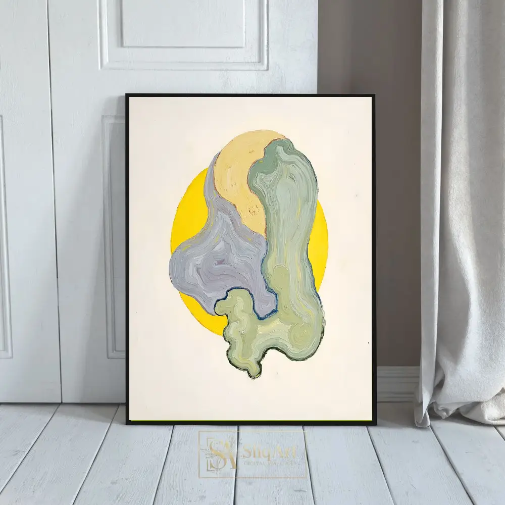 Modern Abstract Organic Shapes Wall Art | Yellow Sun & Sage Green Impasto Canvas