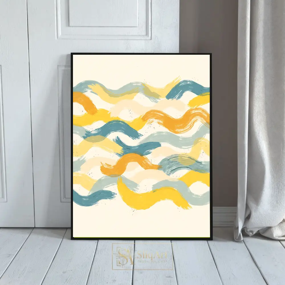 Serene Waves Abstract Canvas Art - Mustard & Teal Brushstrokes
