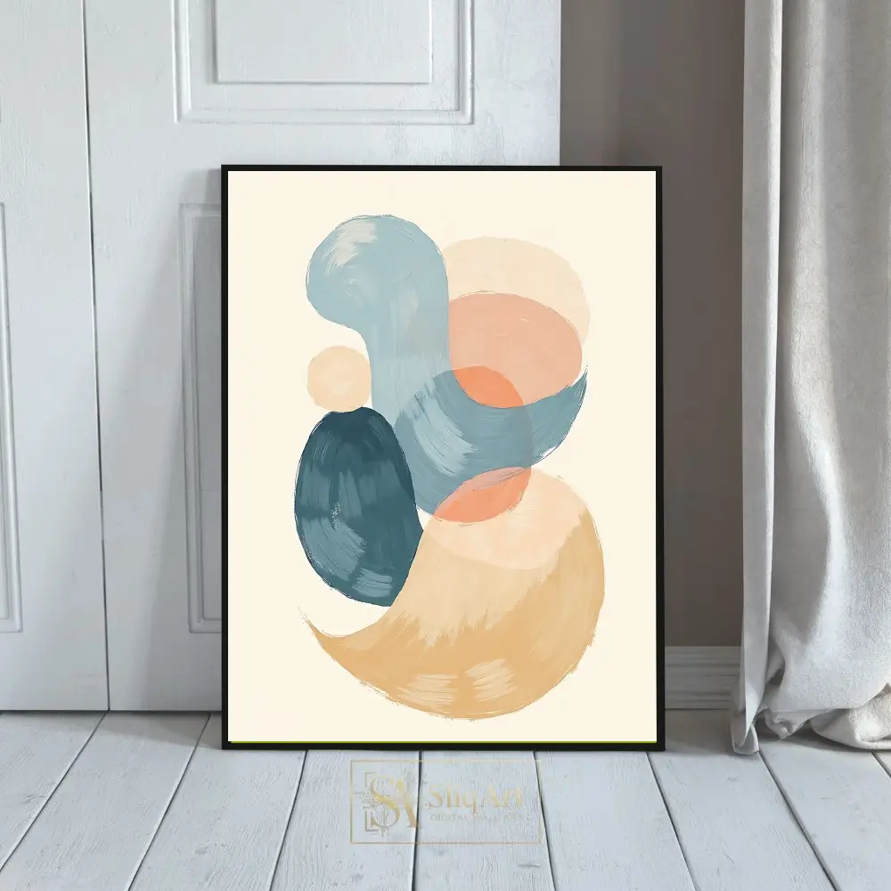 Abstract Organic Shapes Wall Art - Blue and Peach Fluid Strokes