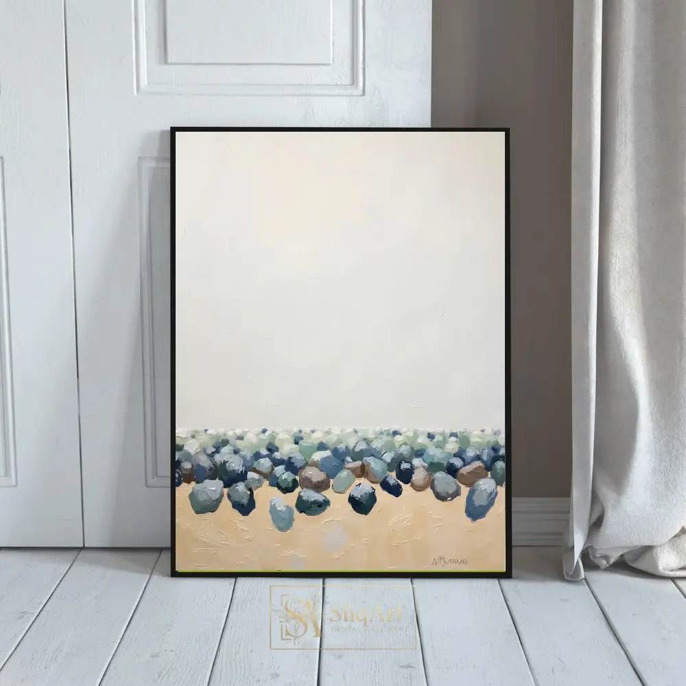 Coastal Stones Abstract Painting - Blue and Sand Minimalist Beach Wall Art