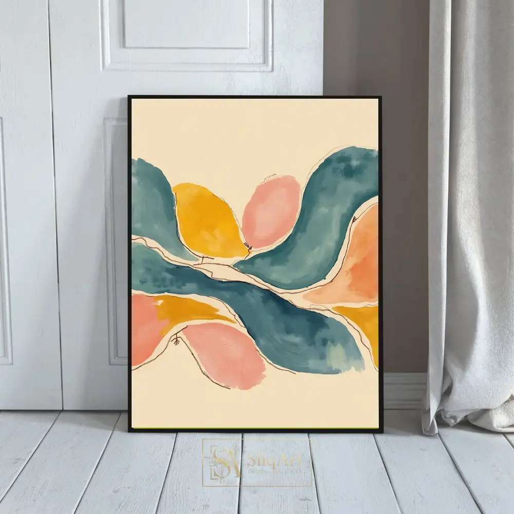 Fluid Organic Abstract Art Print - Teal, Mustard, and Dusty Pink