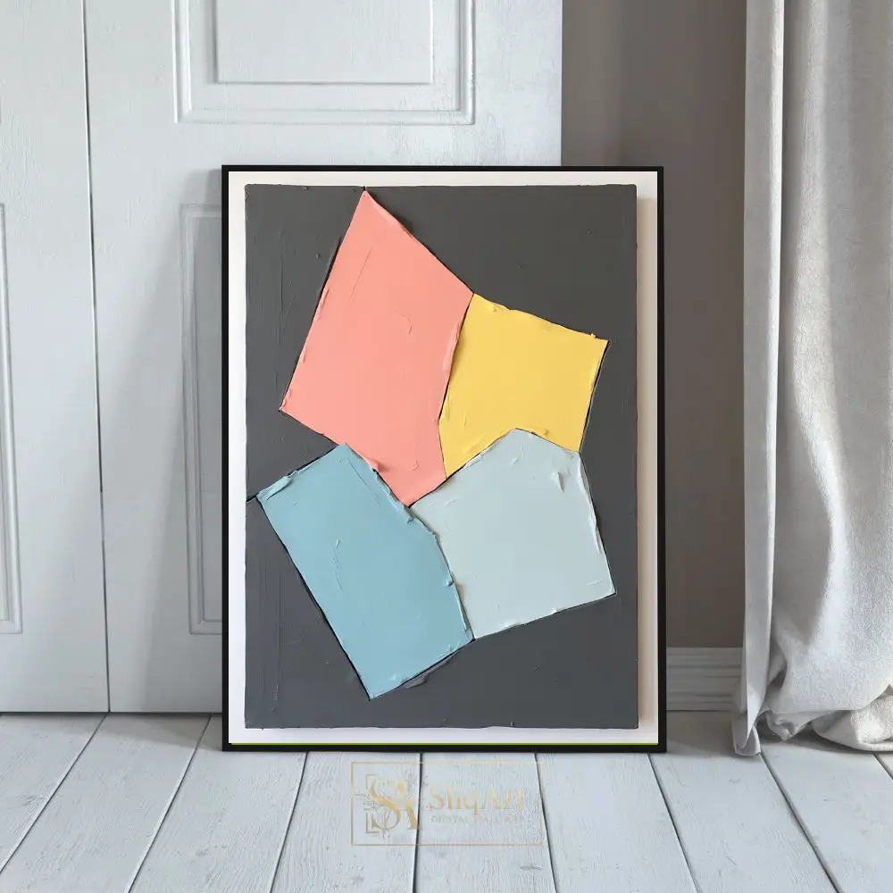 Minimalist Abstract Geometric Impasto Art - Pink, Yellow, Blue, Grey