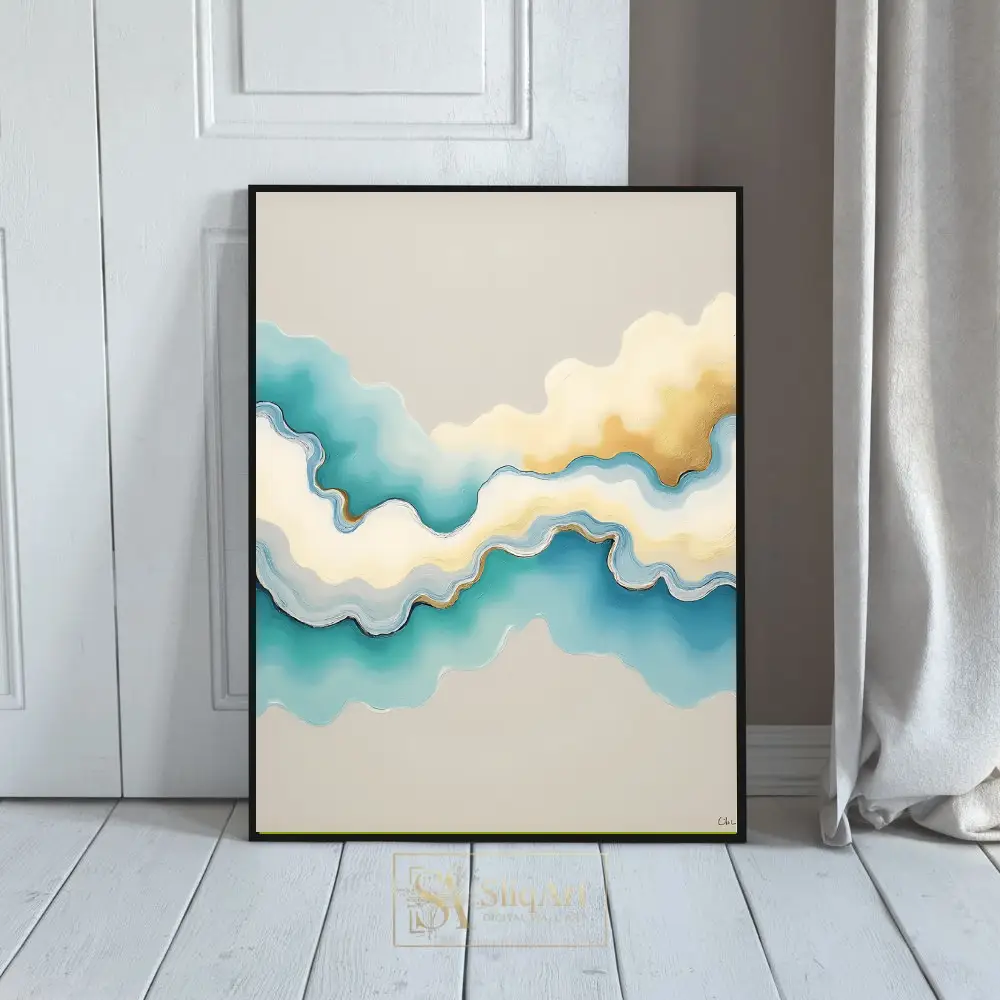 Ethereal Tides: Abstract Teal and Gold Textured Fluid Wall Art