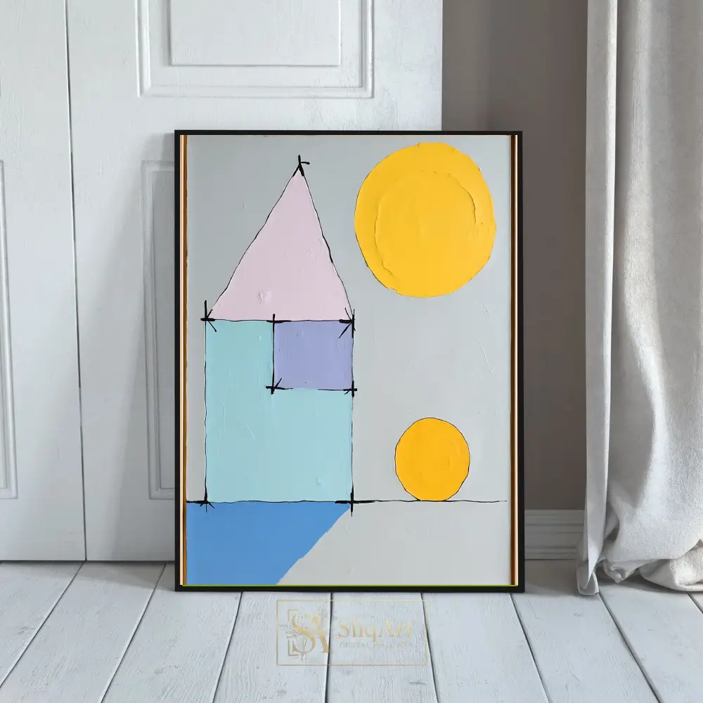 Minimalist Geometric House Abstract Art - Pastel & Yellow Sun