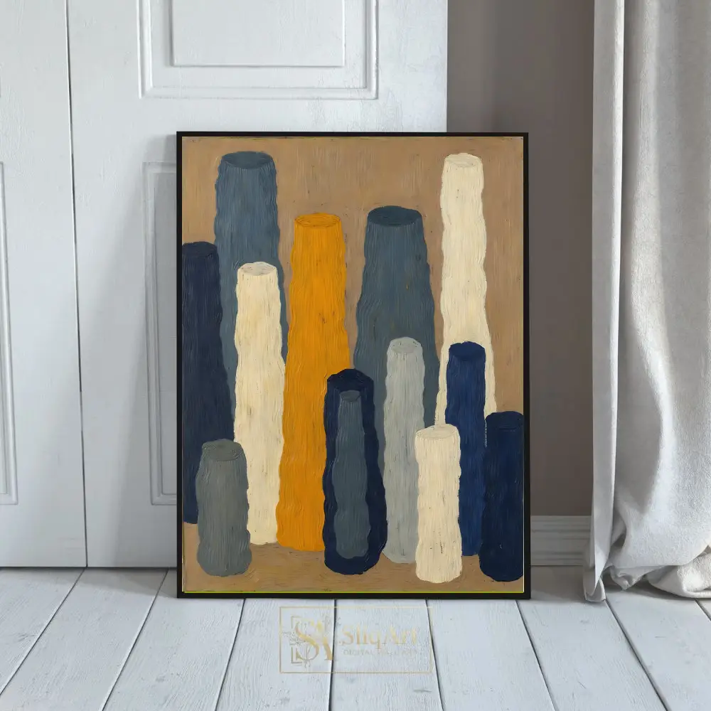 Abstract Vertical Pillars Wall Art - Modern Blue and Ochre Canvas Print