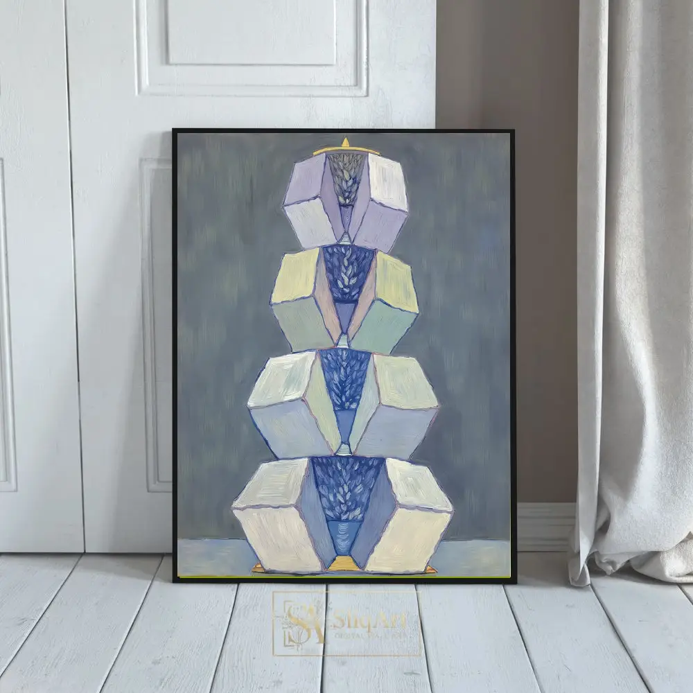 Abstract Geometric Totem Painting - Blue and Grey Modern Canvas Art