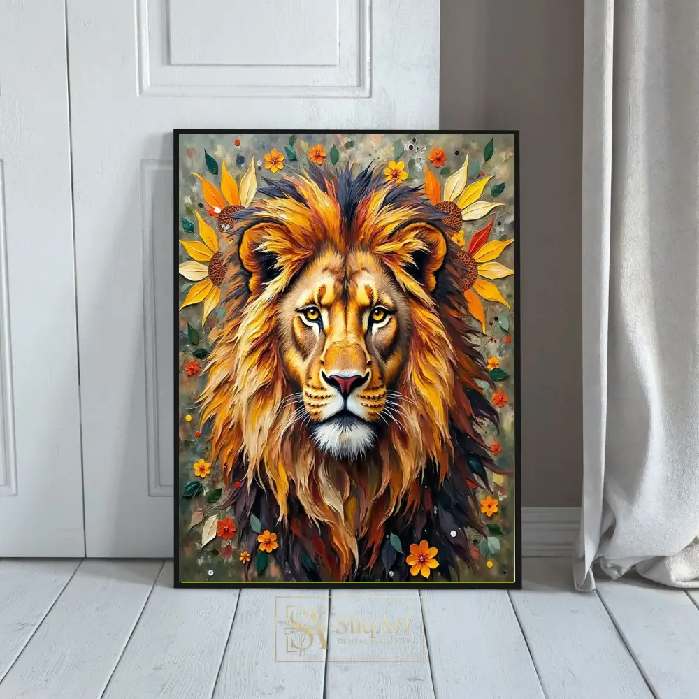Majestic Lion and Sunflower Impasto Wall Art