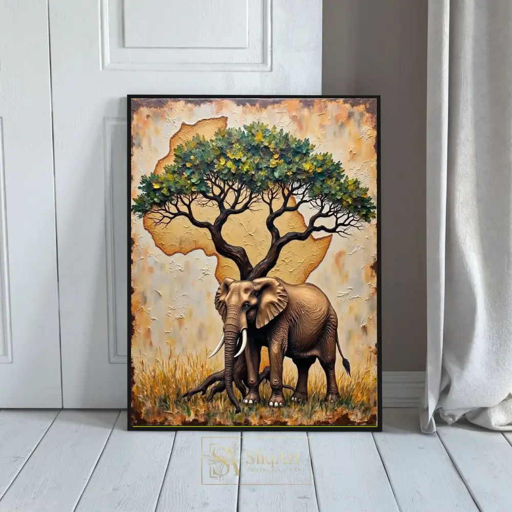 Majestic African Elephant & Continental Tree Textured Canvas Art