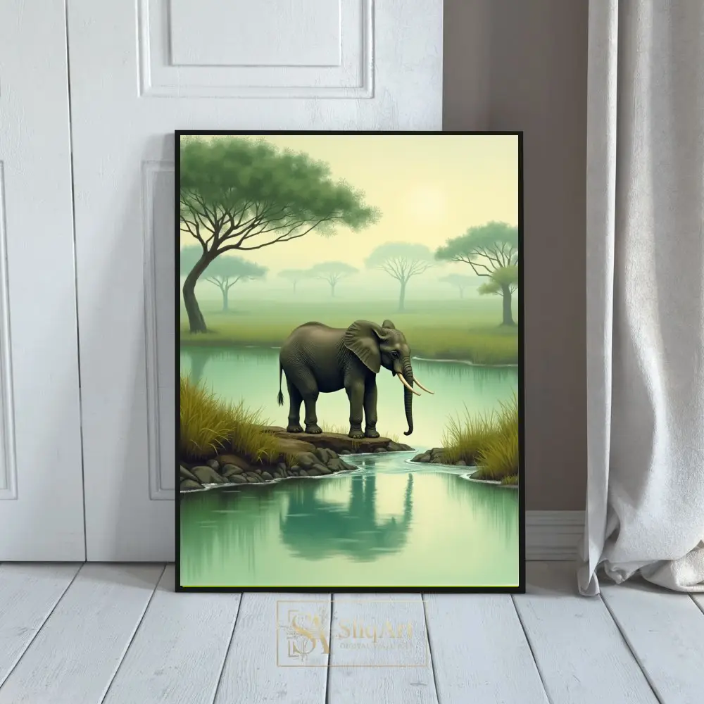 Majestic Elephant by Serene Watering Hole Savanna Art