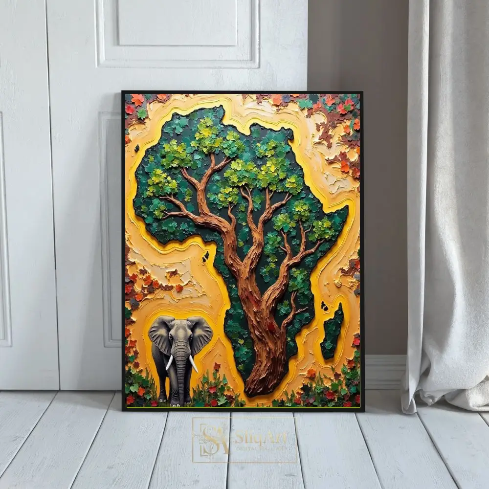 African Tree of Life Map Wall Art - Textured Elephant Canvas