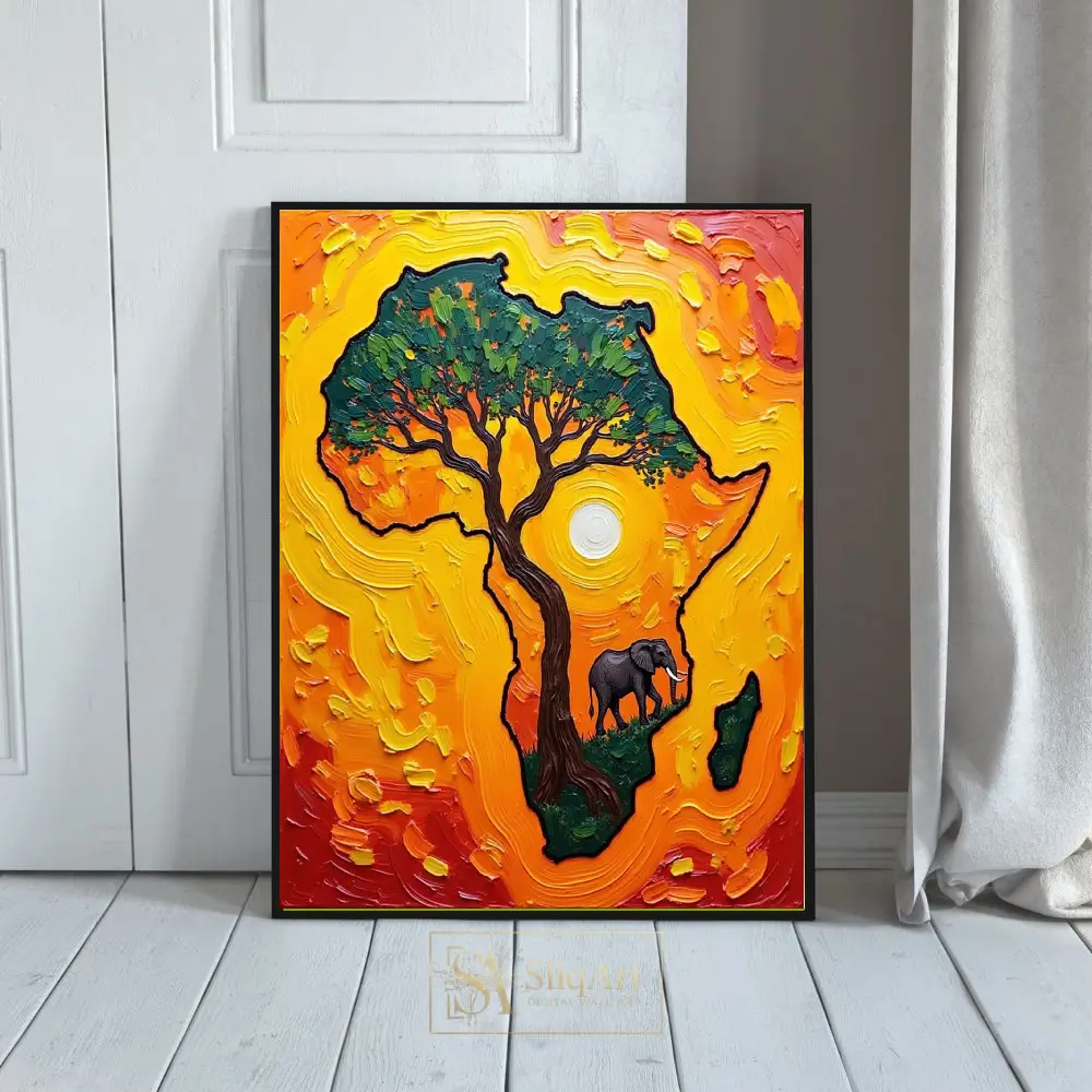 African Continent Sunset Impasto Art Print - Textured Elephant & Tree Wall Decor