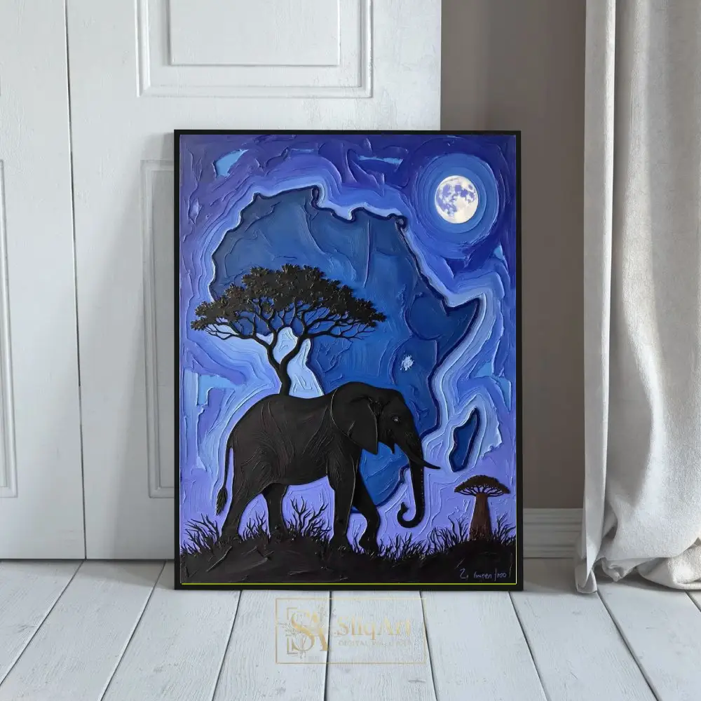African Elephant Moonlight Textured Canvas Wall Art