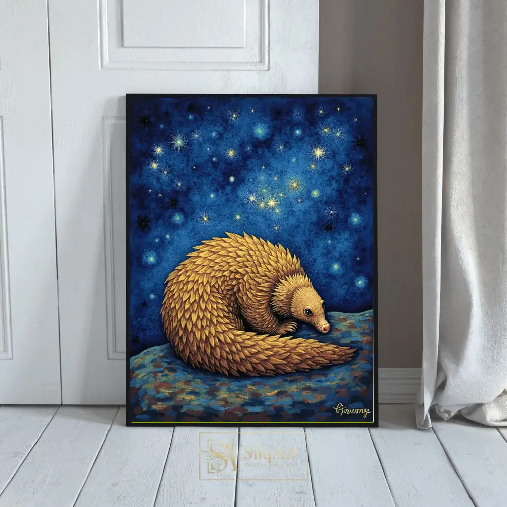 Golden Pangolin Under Starry Night Sky Wall Art