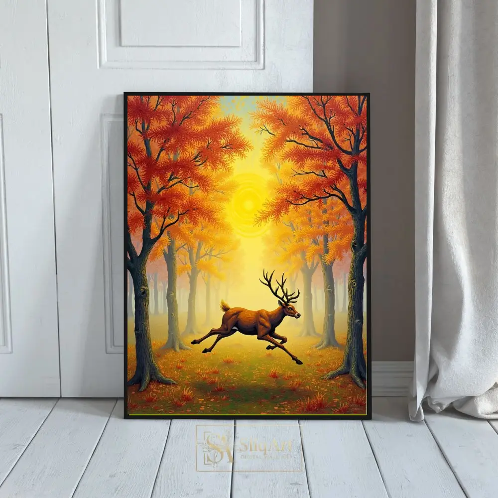 Golden Autumn Leap: Majestic Stag in Sun-Drenched Forest Wall Art