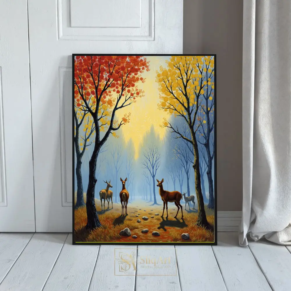 Misty Autumn Forest Deer Canvas Art - Enchanted Woodland Print