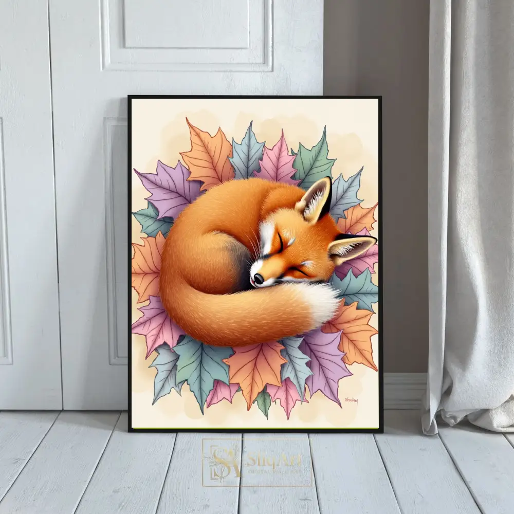 Sleeping Fox Autumn Leaves Digital Art Print - Cozy Forest Decor