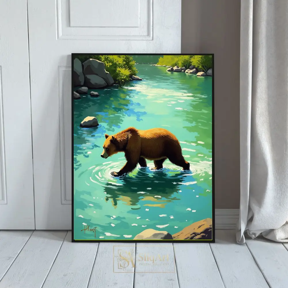 Brown Bear Wading in Turquoise River Canvas Wall Art