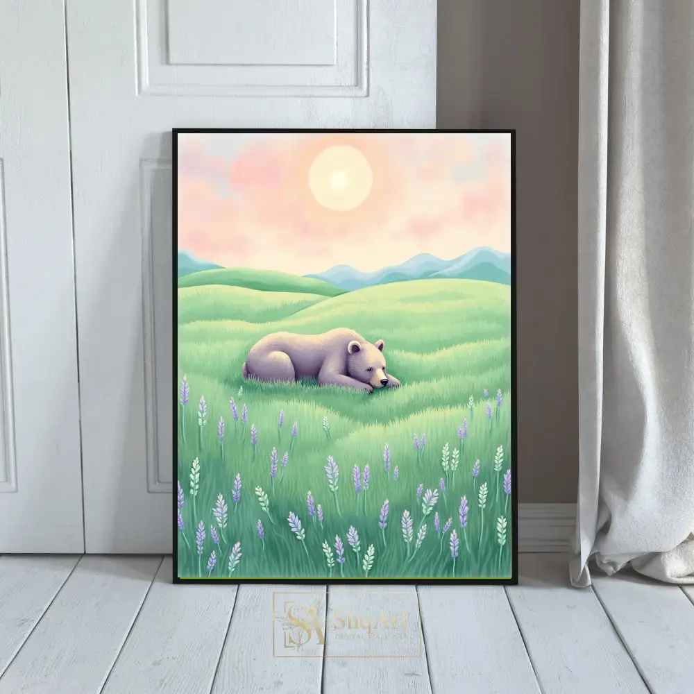 Serene Bear in Lavender Meadow - Whimsical Nature Wall Art