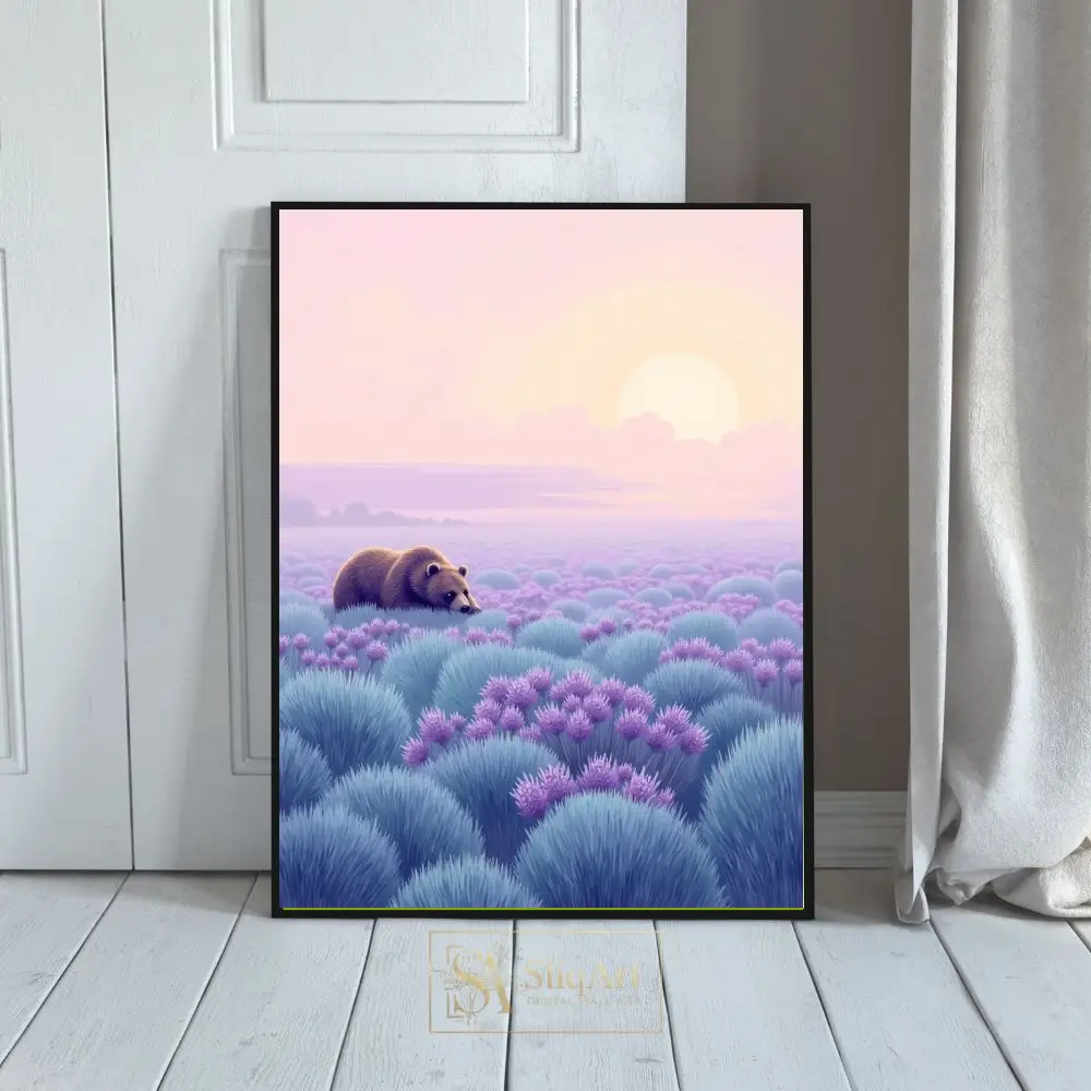 Dreamy Bear in Lavender Field Wall Art - Pastel Sunset Canvas Print