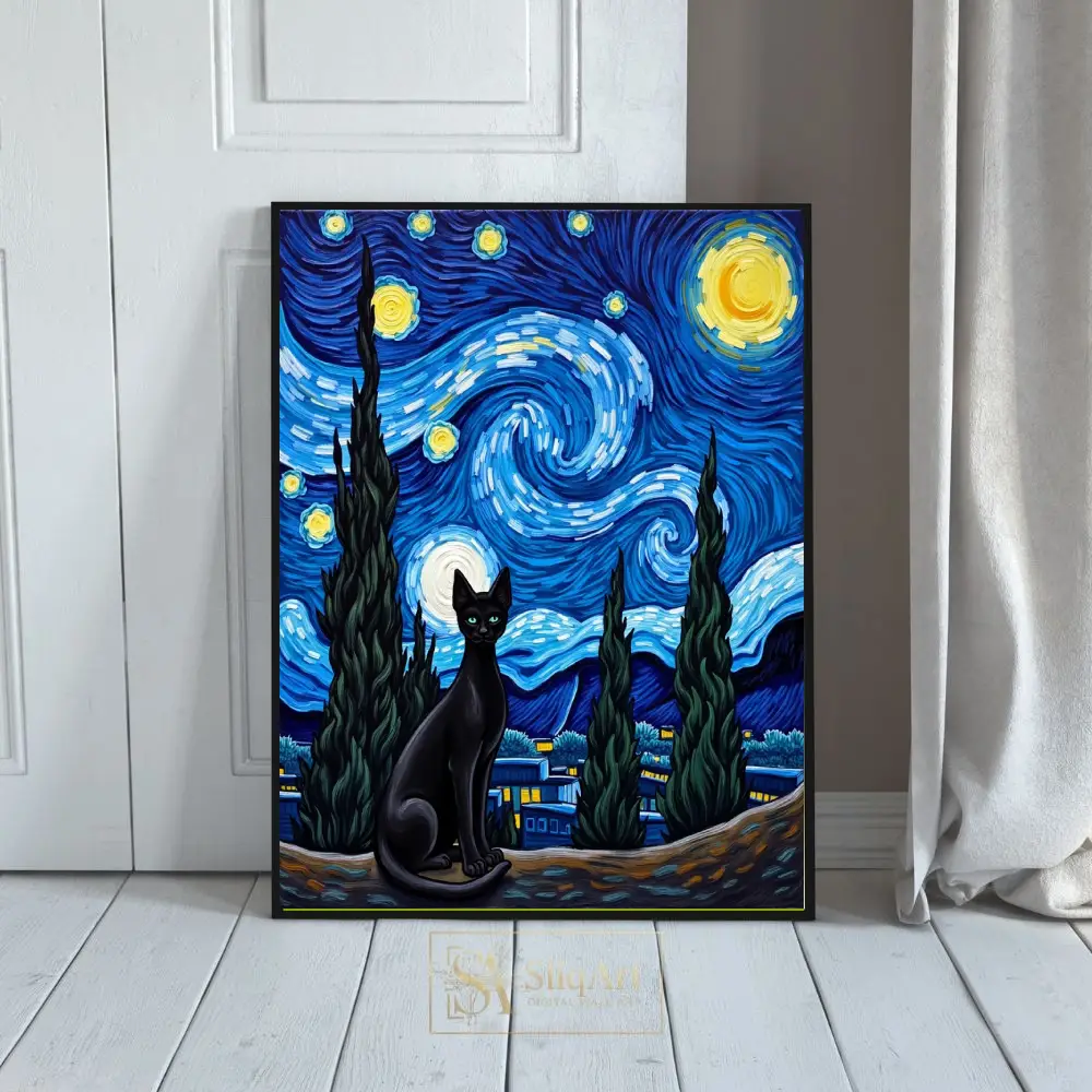 Starry Night Black Cat Art - Van Gogh Style Canvas Print
