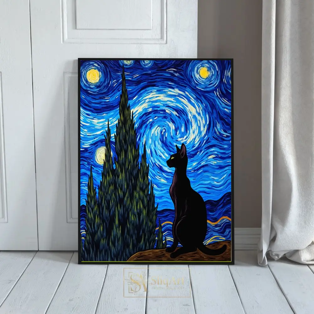 Starry Night Cat Wall Art - Post-Impressionist Feline Canvas Print