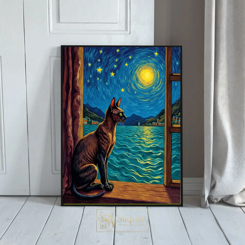 Starry Night Cat - Post-Impressionist Style Canvas Wall Art
