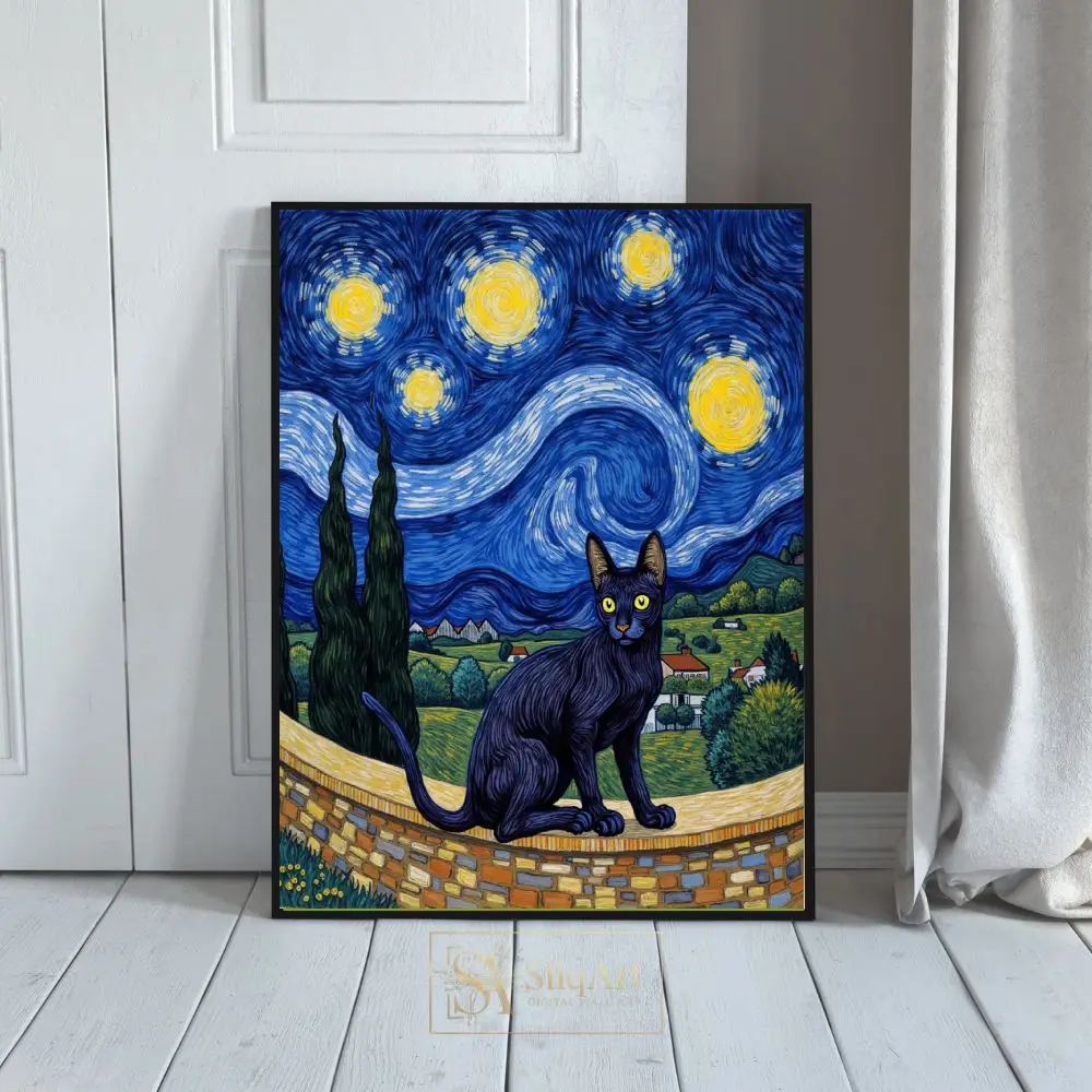 Starry Night Black Cat Van Gogh Style Wall Art