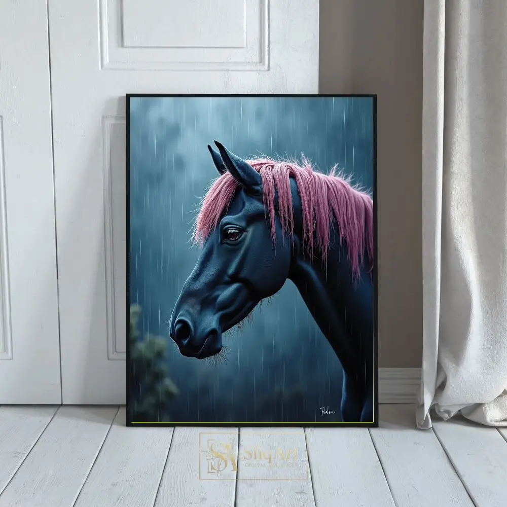 Midnight Rain: Black Horse with Pink Mane Wall Art
