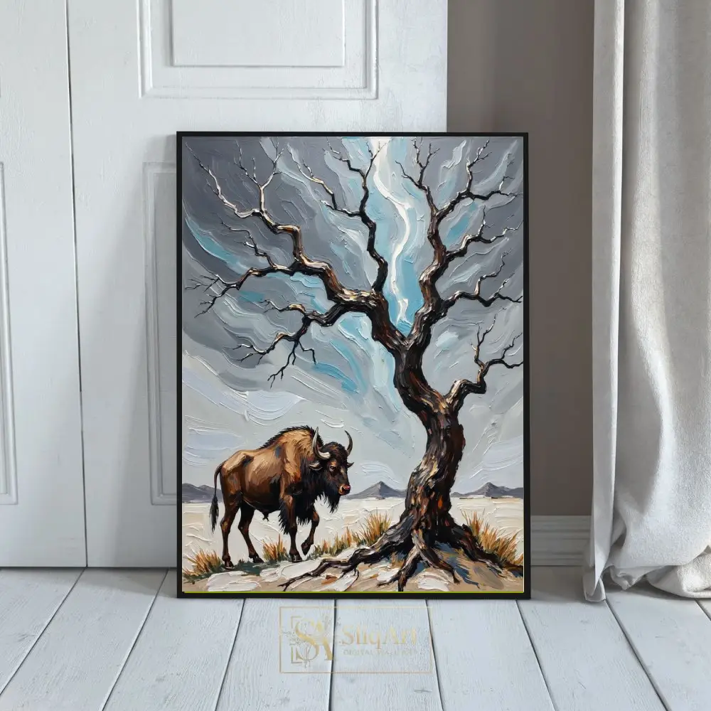 Bison and Lone Tree Impasto Wildlife Wall Art