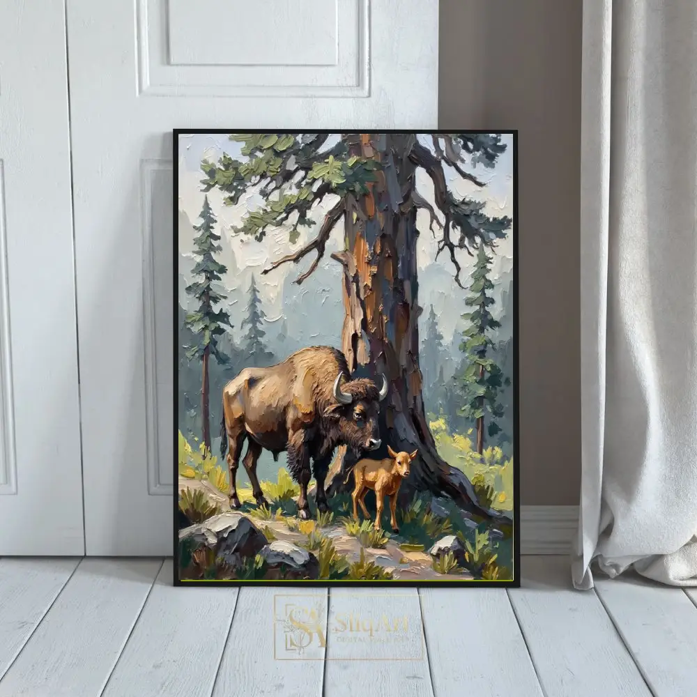 Majestic Bison and Calf Forest Painting - Rustic Impressionist Wilderness Wall Art
