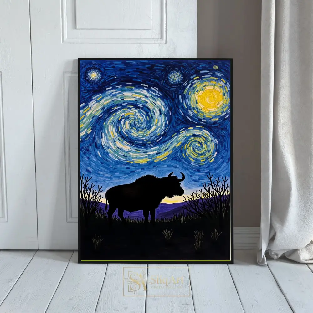 Bison Under Starry Night Sky Canvas Wall Art