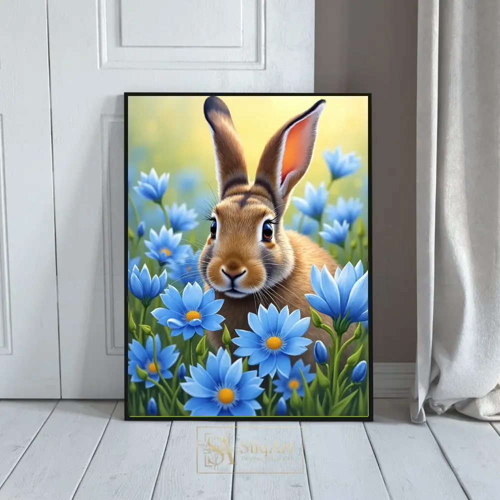 Cute Rabbit in Blue Flowers - Whimsical Nature Canvas Art