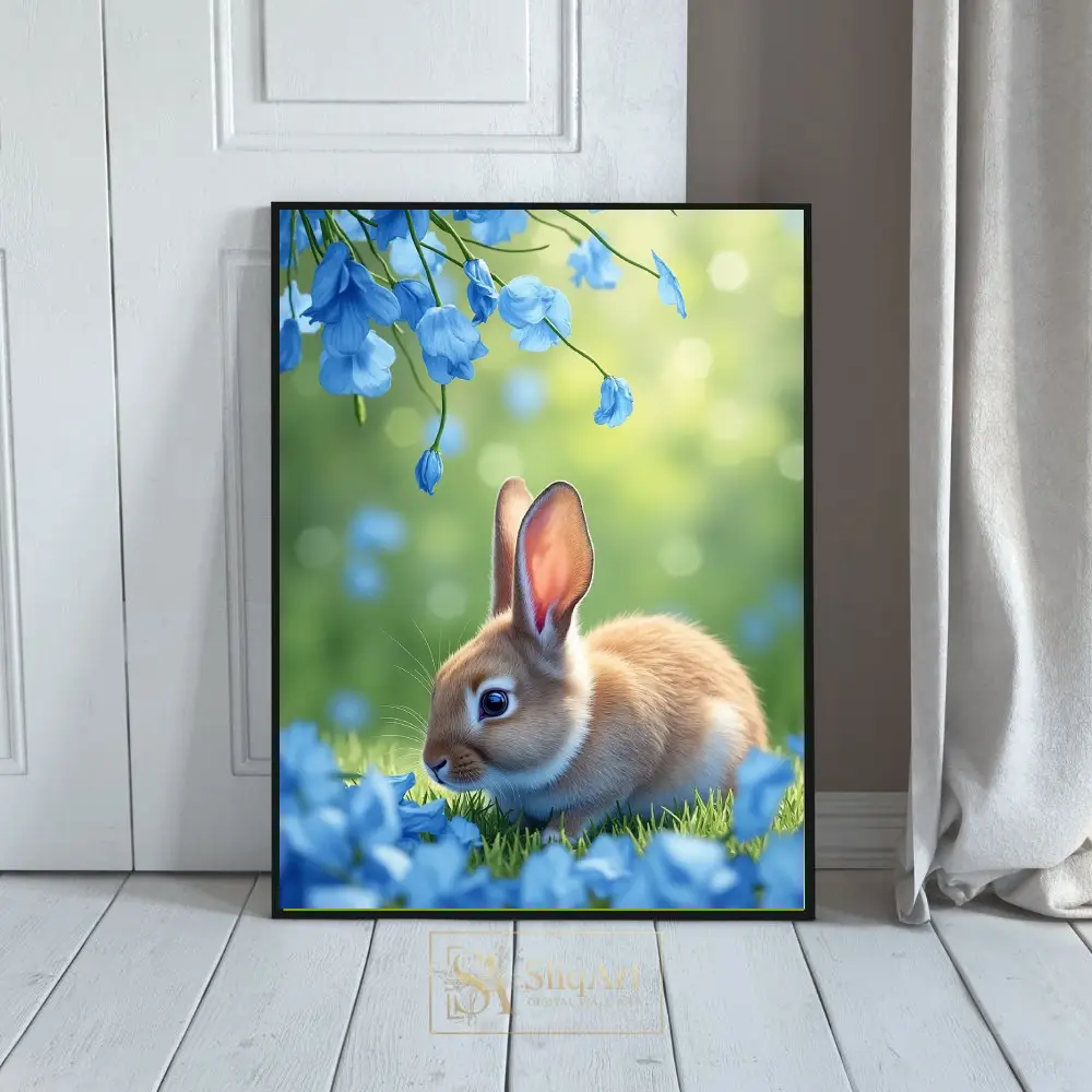 Whimsical Bunny in Blue Flowers Art Print - Nature & Wildlife Wall Decor