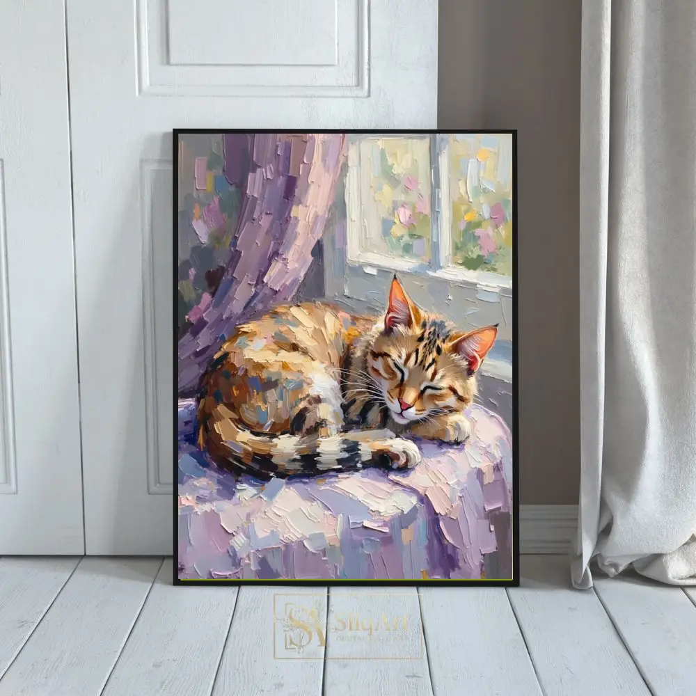 Impressionist Sleeping Cat Canvas Art - Sunlit Tabby Impasto Painting
