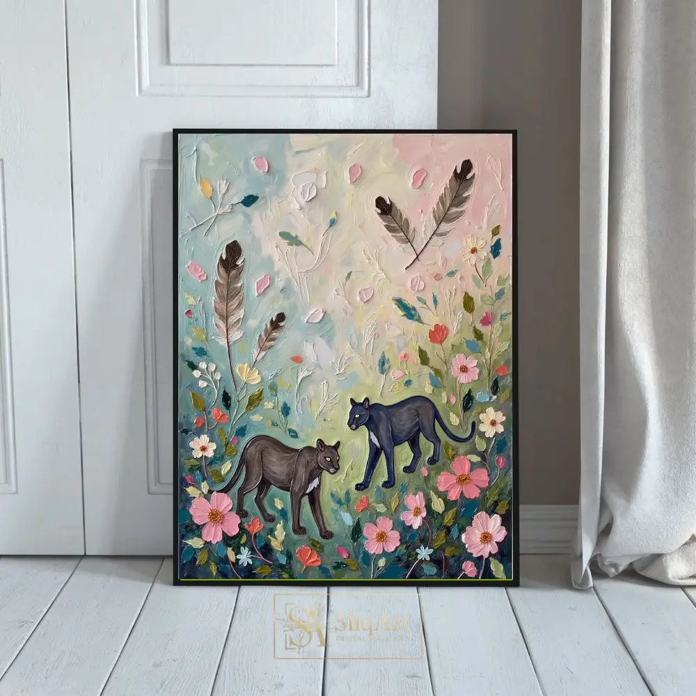 Ethereal Black Panther Floral Impasto Oil Painting Wall Art