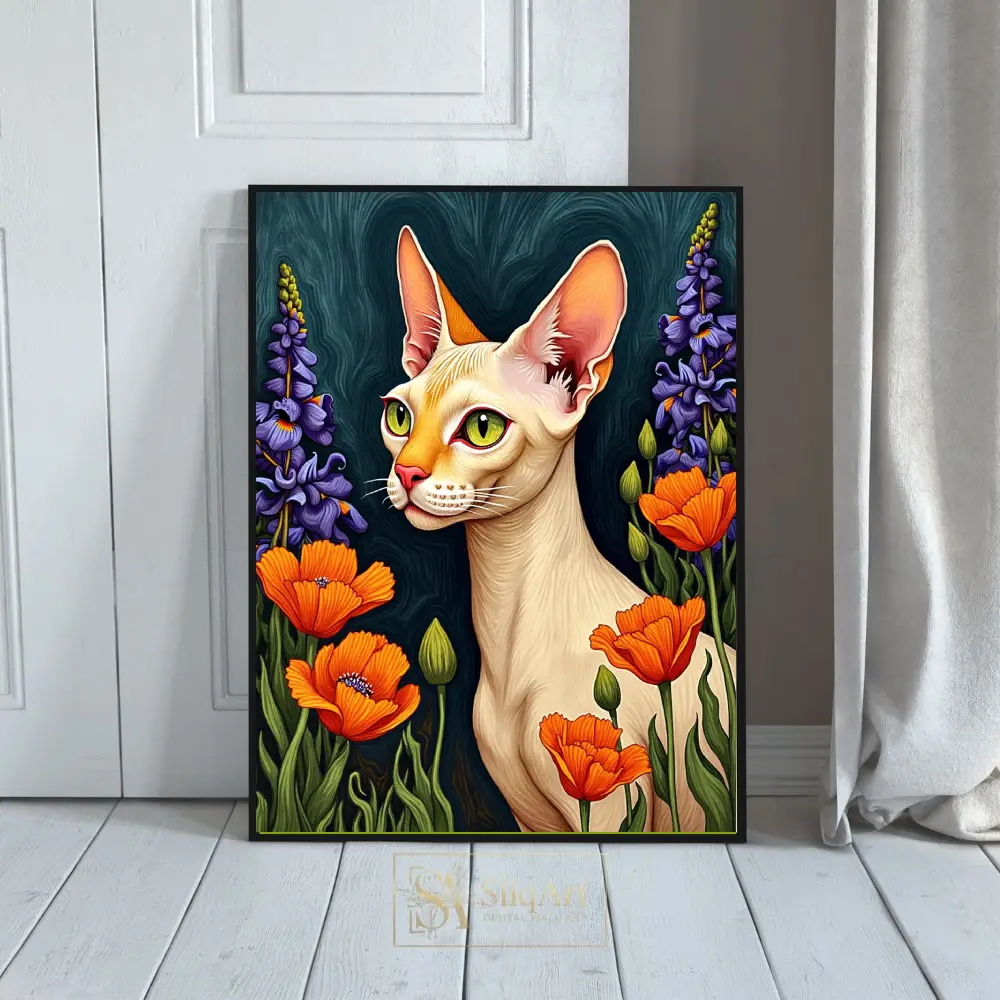 Vibrant Sphynx Cat Garden Wall Art - Modern Feline Illustration