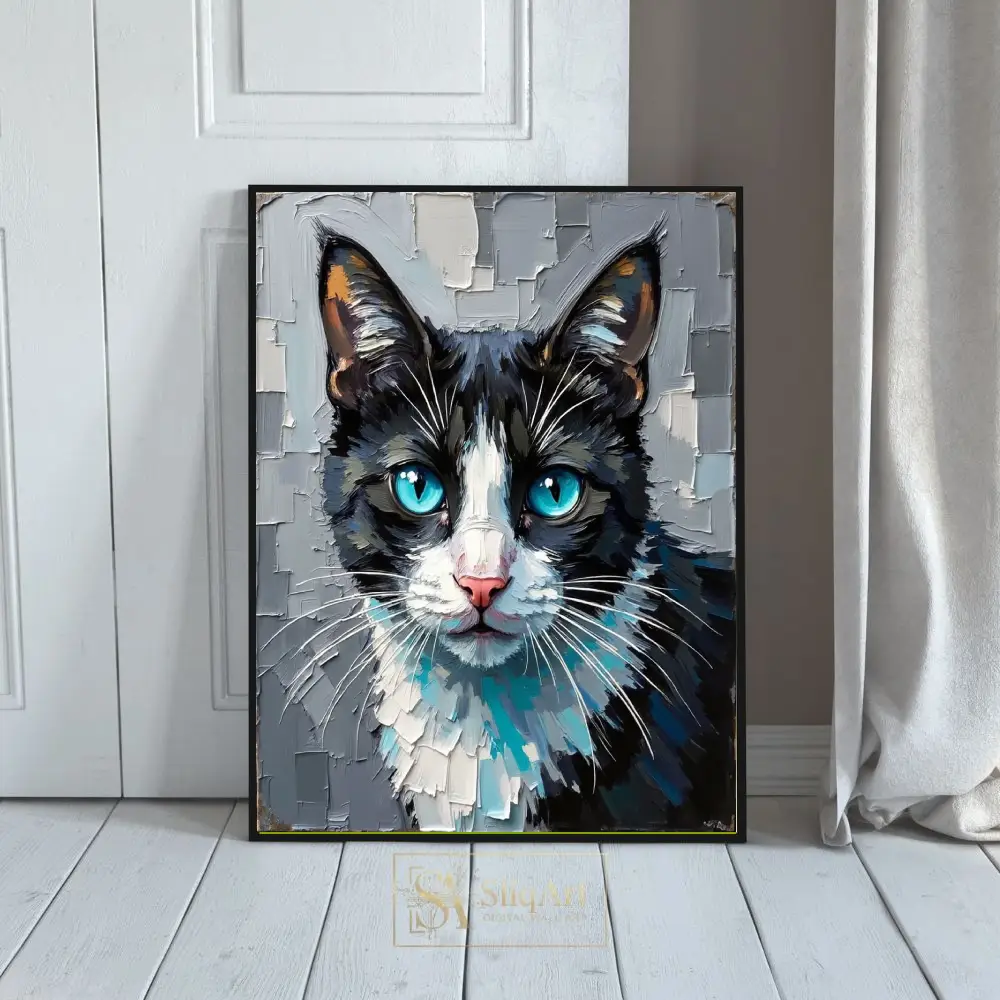 Modern Impasto Tuxedo Cat Wall Art - Blue Eyed Feline Canvas Print