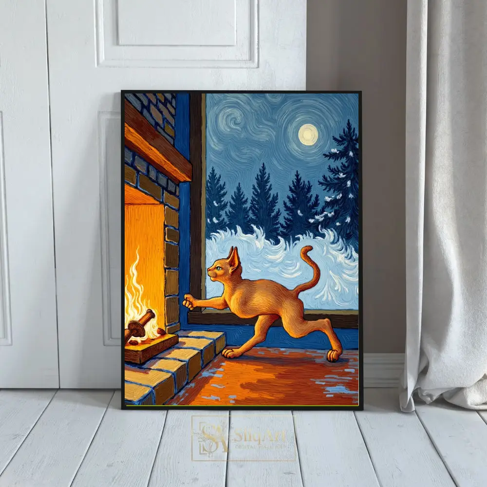 Cosy Orange Cat by Fireplace Van Gogh Style Wall Art