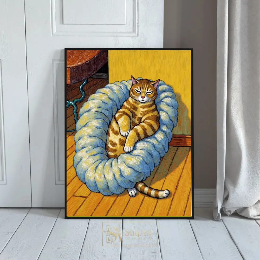 Cozy Ginger Tabby Cat in Blue Bed Illustration Art Print