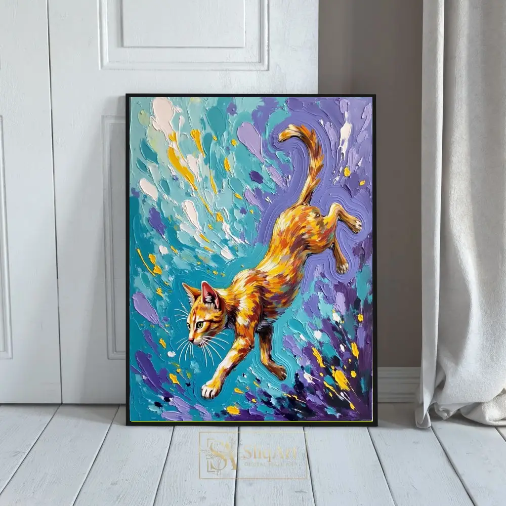 Vibrant Impasto Ginger Cat Wall Art - Energetic Feline Painting