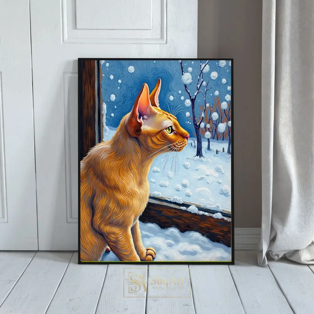 Ginger Cat Winter Window View - Impasto Oil Painting Wall Art