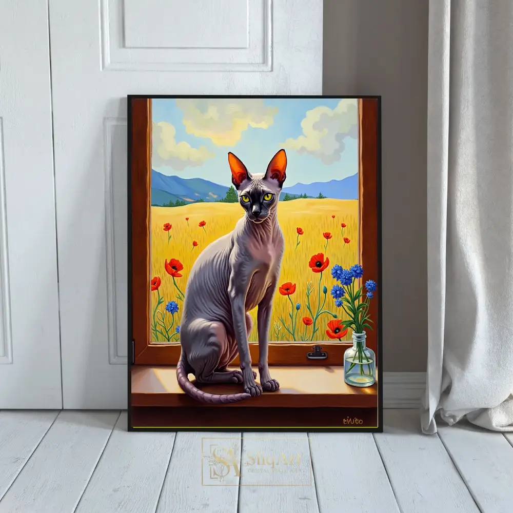 Sphynx Cat Windowsill Art - Vibrant Poppy Field Painting