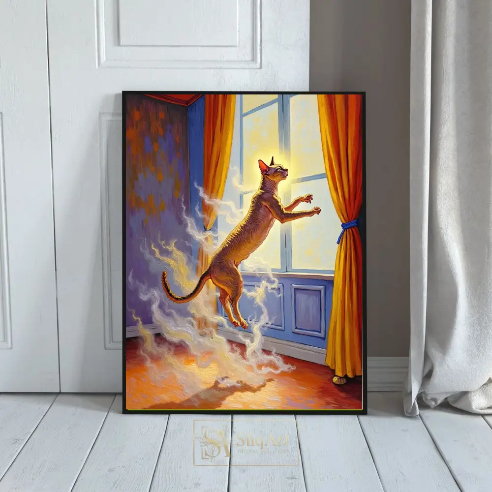 Vibrant Surreal Cat Levitation Oil Painting Print