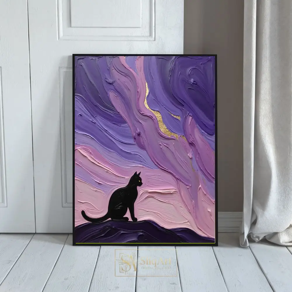 Celestial Whispers: Black Cat in Purple Sky Impasto Canvas Art