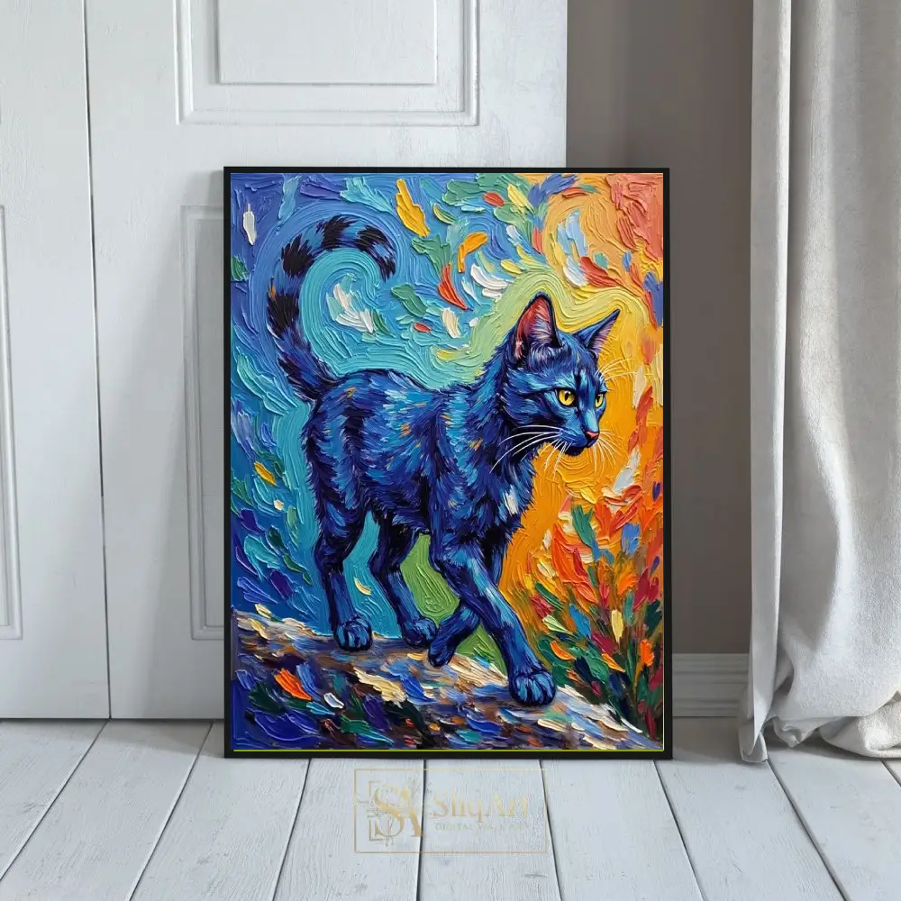 Midnight Azure Feline - Vibrant Impasto Cat Wall Art